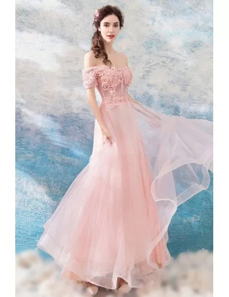 Pearl Pink Long Tulle Lace Formal Prom Dress With Off Shoulder Sleeves