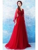 Cape Sleeves Red V Neck Tulle Formal Dress For Wedding Party