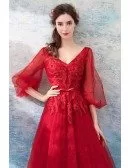 Elegant Long Puff Sleeves Red Lace Party Dress With Sparkle Beading