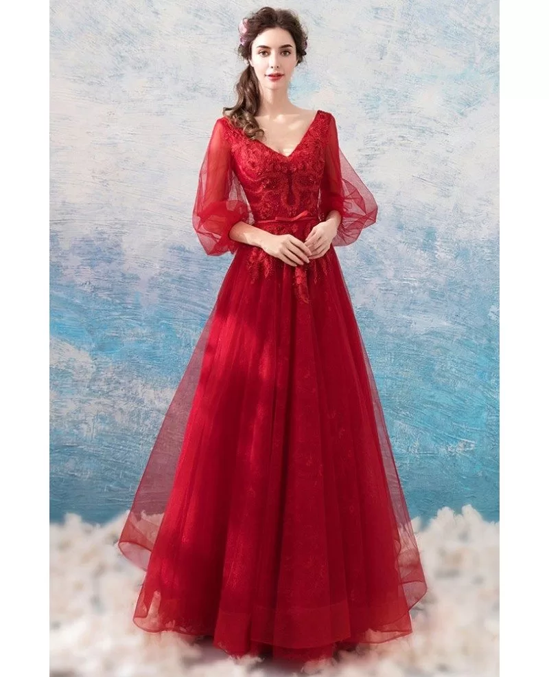 Elegant Long Puff Sleeves Red Lace Party Dress With Sparkle Beading ...