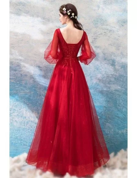 Elegant Long Puff Sleeves Red Lace Party Dress With Sparkle Beading