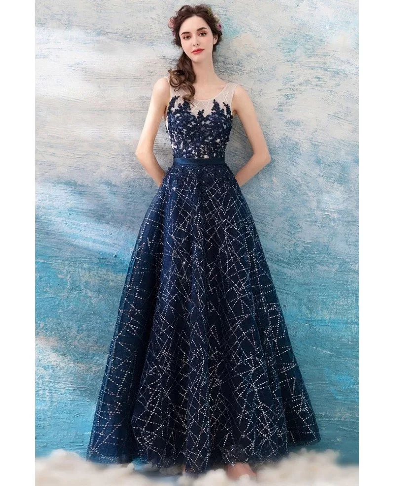 Sparkly Sequin Navy Blue Long Prom Dress With Lace Bodice Wholesale #