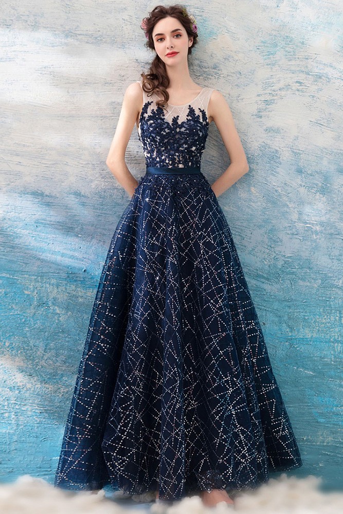 Sparkly Sequin Navy Blue Long Prom Dress With Lace Bodice Wholesale #