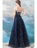 Sparkly Sequin Navy Blue Long Prom Dress With Lace Bodice