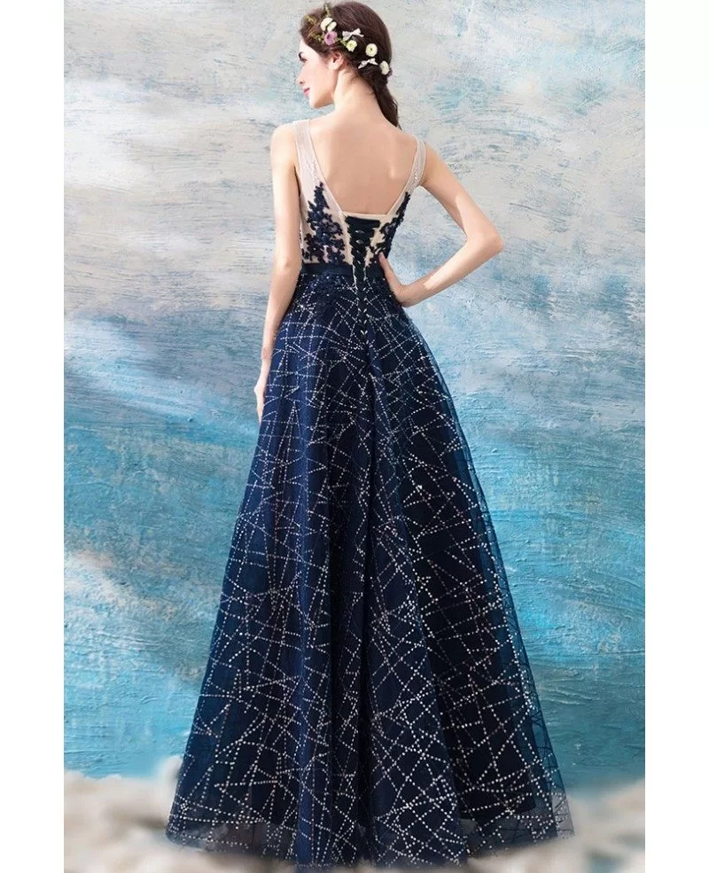 Sparkly Sequin Navy Blue Long Prom Dress With Lace Bodice Wholesale # ...