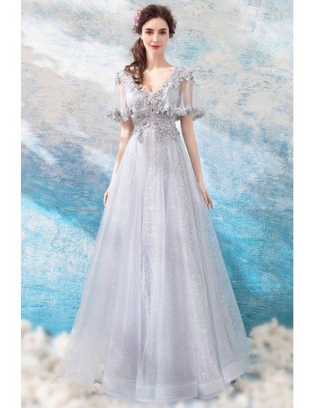 Gorgeous Grey Long Floral Beading Prom Dress With Dolman Sleeves