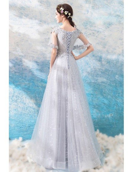 Gorgeous Grey Long Floral Beading Prom Dress With Dolman Sleeves