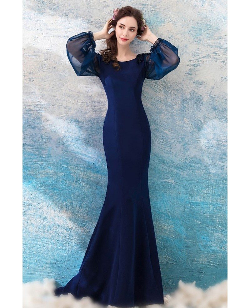 long sleeve navy blue evening gown