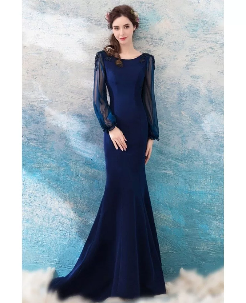 Slimming Mermaid Navy Blue Formal Dress With Long Sleeves Wholesale # ...