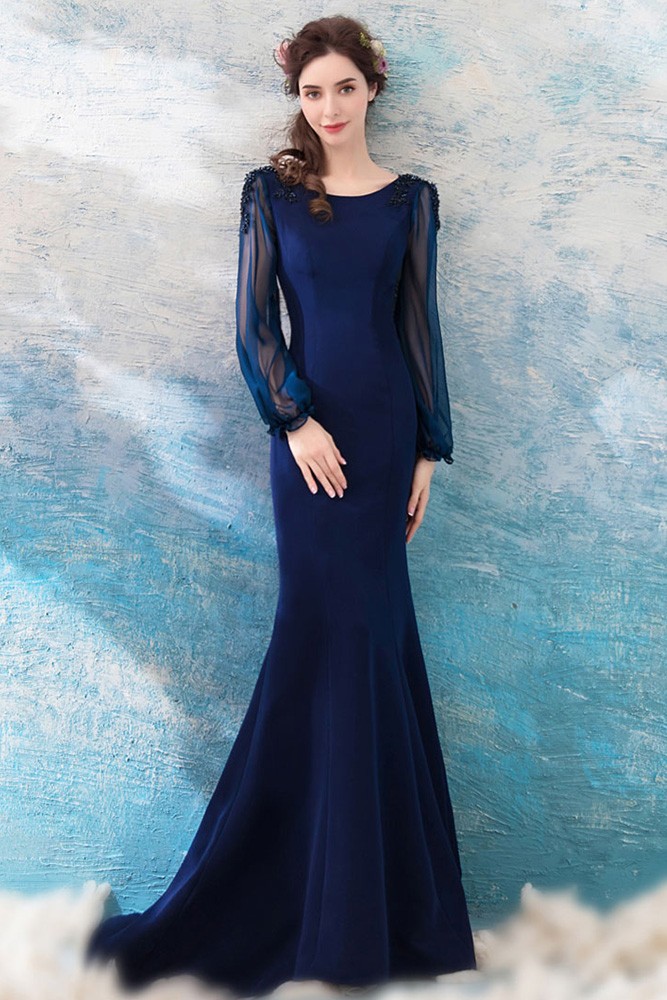 Slimming Mermaid Navy Blue Formal Dress With Long Sleeves Wholesale # ...