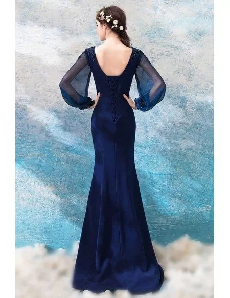 Slimming Mermaid Navy Blue Formal Dress With Long Sleeves