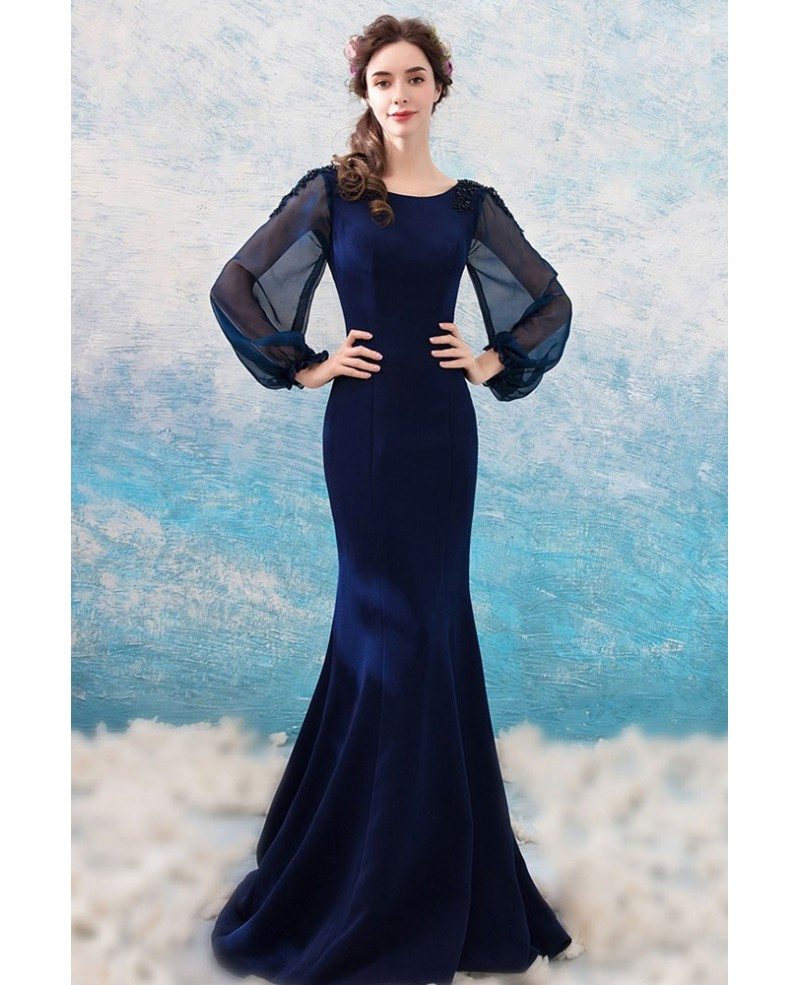 navy blue long sleeve evening gown