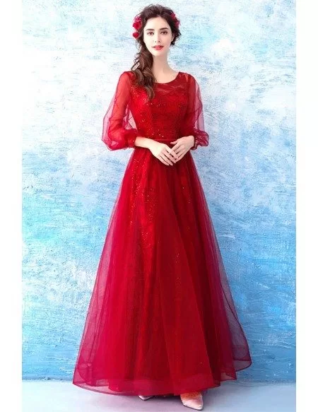 Beautiful Red Sequin Wedding Party Dress With Flare Sleeves