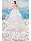 Illusion Ivory Long Off Shoulder Lace Wedding Dress With Train