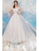 Illusion Ivory Long Off Shoulder Lace Wedding Dress With Train