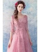 Romantic Sleeves Rose Pink Lace Beading Prom Dress In Madi Length