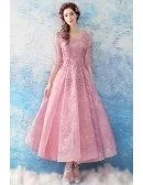 Romantic Sleeves Rose Pink Lace Beading Prom Dress In Madi Length