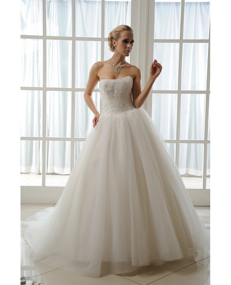 Ball-Gown Strapless Cathedral Train Tulle Wedding Dress With Beading # ...