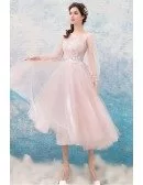 Cute Pink Lace Midi Prom Dress With Long Flare Sleeves