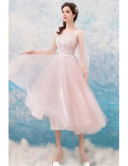 Cute Pink Lace Midi Prom Dress With Long Flare Sleeves