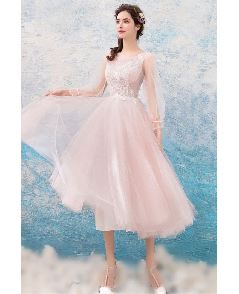 Cute Pink Lace Midi Prom Dress With Long Flare Sleeves Wholesale #T69313 -  GemGrace.com