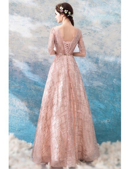 Sparkly Goldish Pink Long Formal Prom Dress With 1/2 Sleeves