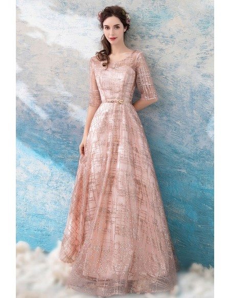 Sparkly Goldish Pink Long Formal Prom Dress With 1/2 Sleeves