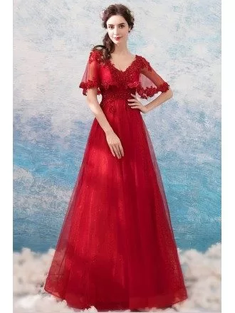 Bright Red Beading Lace Wedding Party Dress With Cape Sleeves
