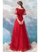Bright Red Beading Lace Wedding Party Dress With Cape Sleeves