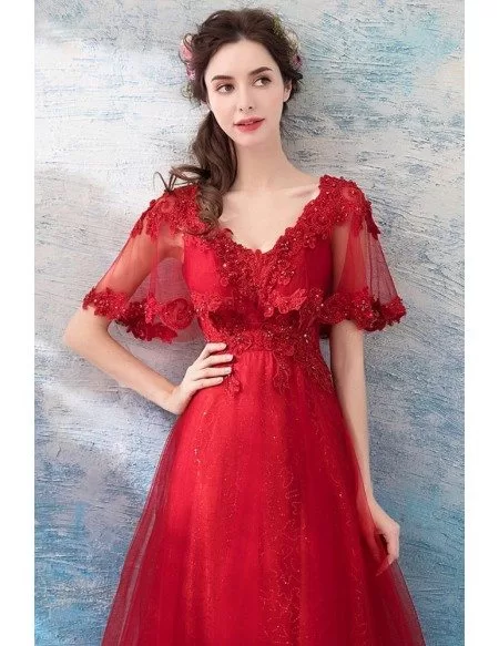 Bright Red Beading Lace Wedding Party Dress With Cape Sleeves Wholesale ...