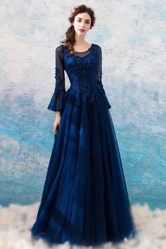 Classic Navy Blue Flare Sleeved Prom Formal Dress With Lace Beading ...