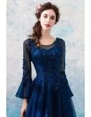 Classic Navy Blue Flare Sleeved Prom Formal Dress With Lace Beading