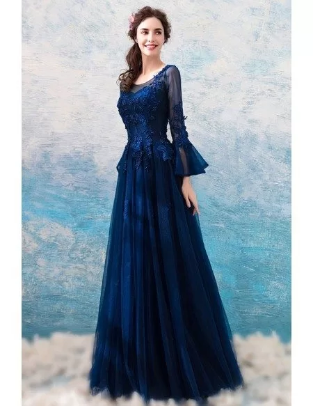 Classic Navy Blue Flare Sleeved Prom Formal Dress With Lace Beading
