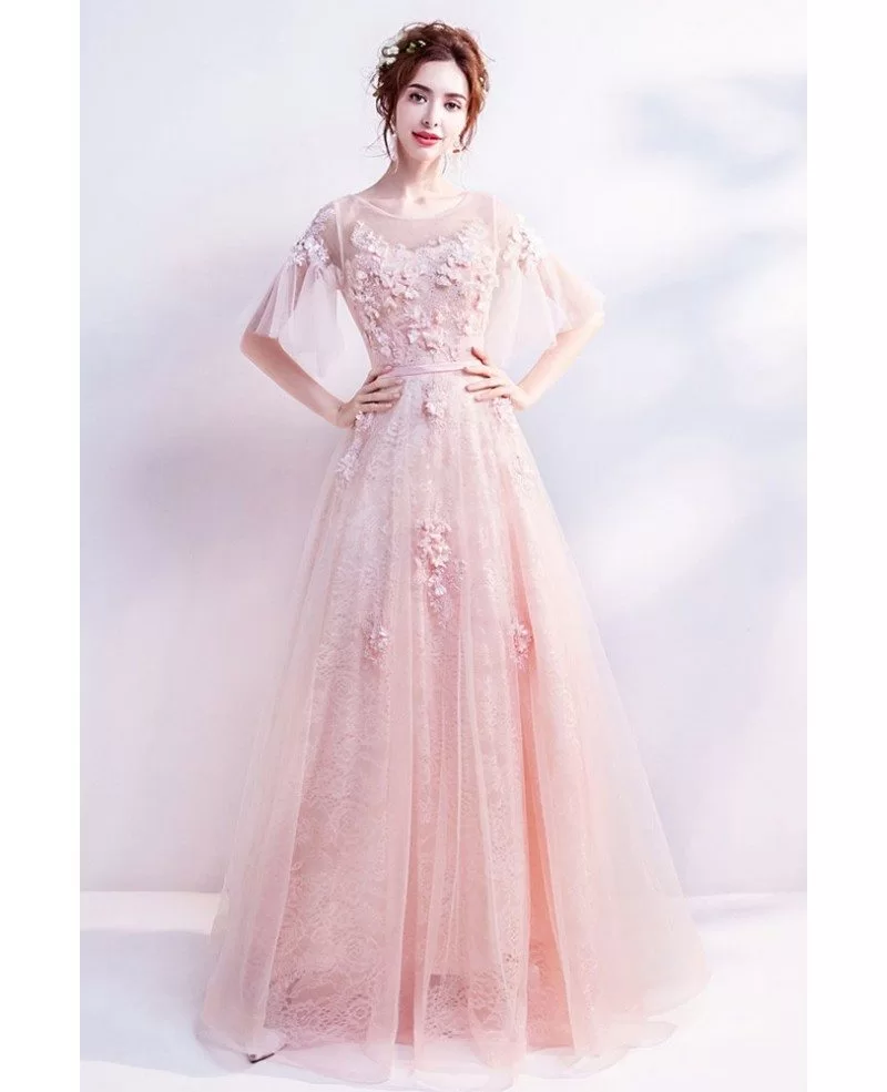 Beautiful Poofy Sleeved Pink Petal Lace Prom Dress In Floor Length ...