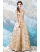 Shiny Gold Sequin Ballroom Prom Formal Dress With Sleeves
