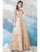 Shiny Gold Sequin Ballroom Prom Formal Dress With Sleeves