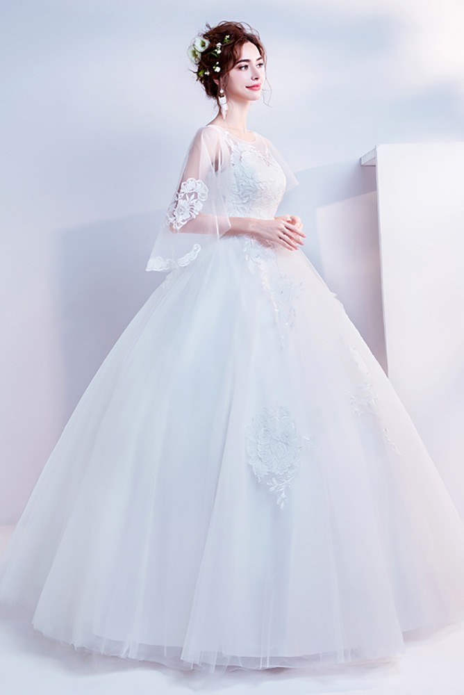 Affordable Informal Ball Gown Lace Wedding Dress With Cape Sleeves ...