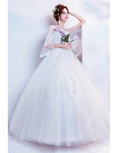 Affordable Informal Ball Gown Lace Wedding Dress With Cape Sleeves