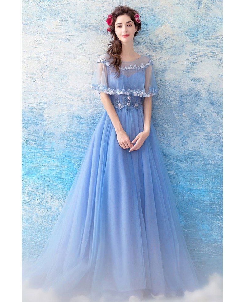 Beautiful Blue Tulle Long A Line Prom Dress With Special Lace Cape Wholesale T69322 7211