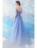 Beautiful Blue Tulle Long A Line Prom Dress With Special Lace Cape