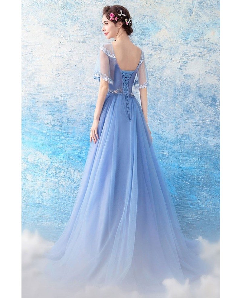 Beautiful Blue Tulle Long A Line Prom Dress With Special Lace Cape ...