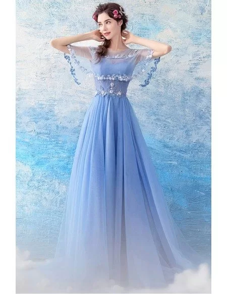 Beautiful Blue Tulle Long A Line Prom Dress With Special Lace Cape ...