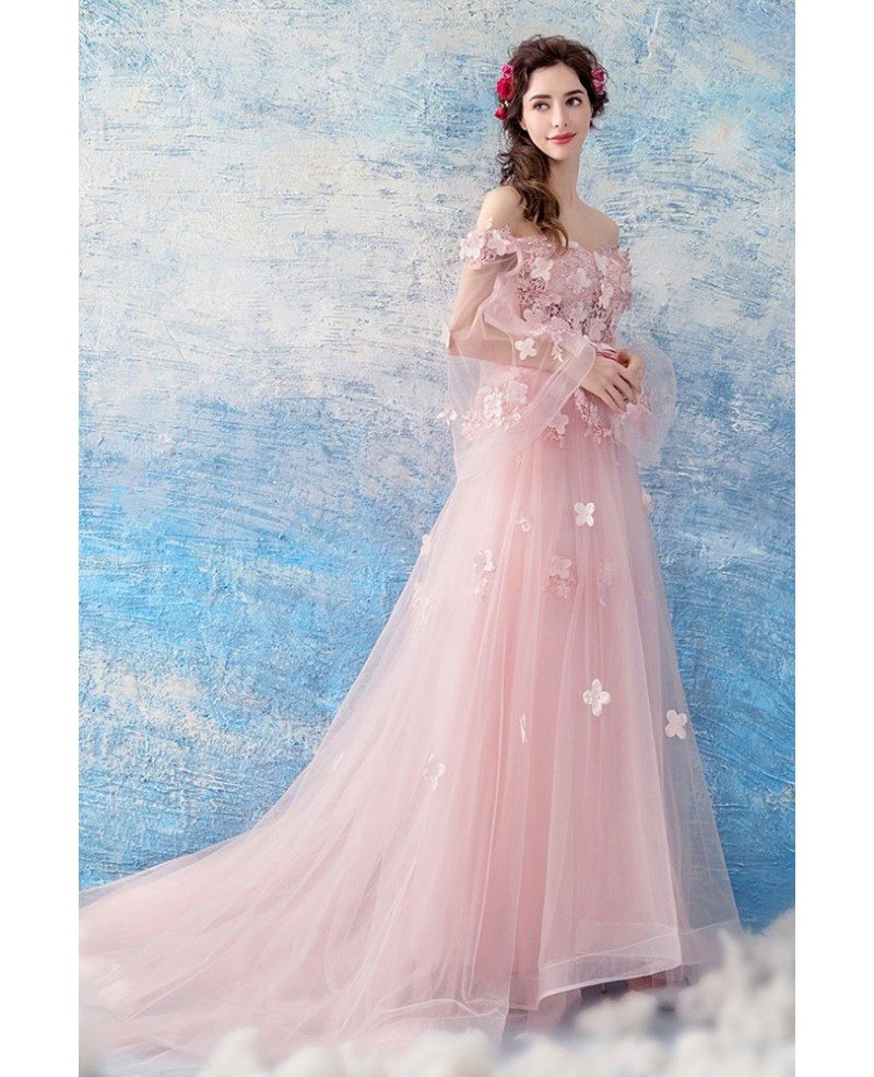 Fairy Floral Pink Prom Dress With Off Shoulder Butterfly Sleelves