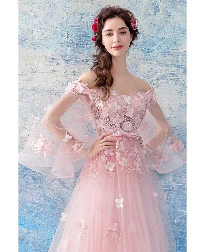 Fairy Floral Pink Prom Dress With Off Shoulder Butterfly Sleelves ...