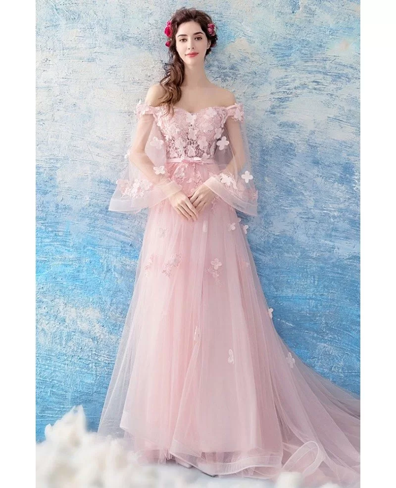 pink off shoulder prom dress