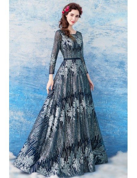 Unique Sparkly Blue Sequin Formal Party Dress With Sleeves