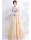 Romantic Flower Yellow Long Prom Dress With Cape Sleeves