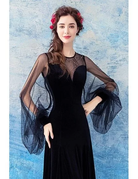 Sexy Slim Black Long Satin Prom Dress With Puffy Sleeves