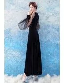 Sexy Slim Black Long Satin Prom Dress With Puffy Sleeves
