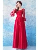 Elegant A Line Red Long Lace Beading Evening Dress With Flare Sleeves